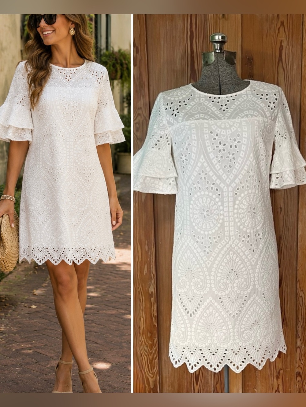 Trina Turk Praise White Eyelet Double Ruffle Sleeve Scallop Hem Dress Sz 2 🍄💛